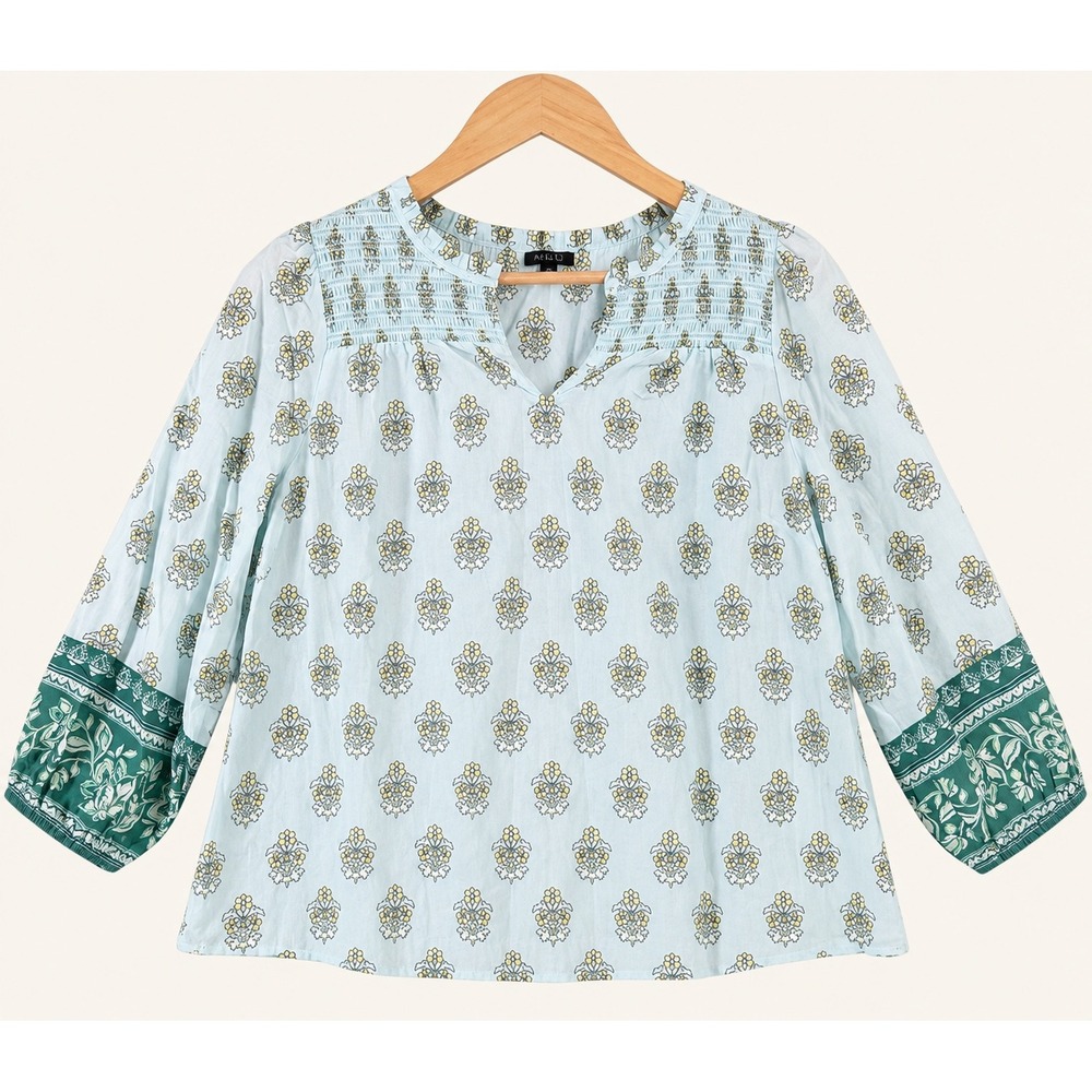 Talbots Small Blue Block Print Smocked V-Neck 3/4 Sleeve Boho Blouse